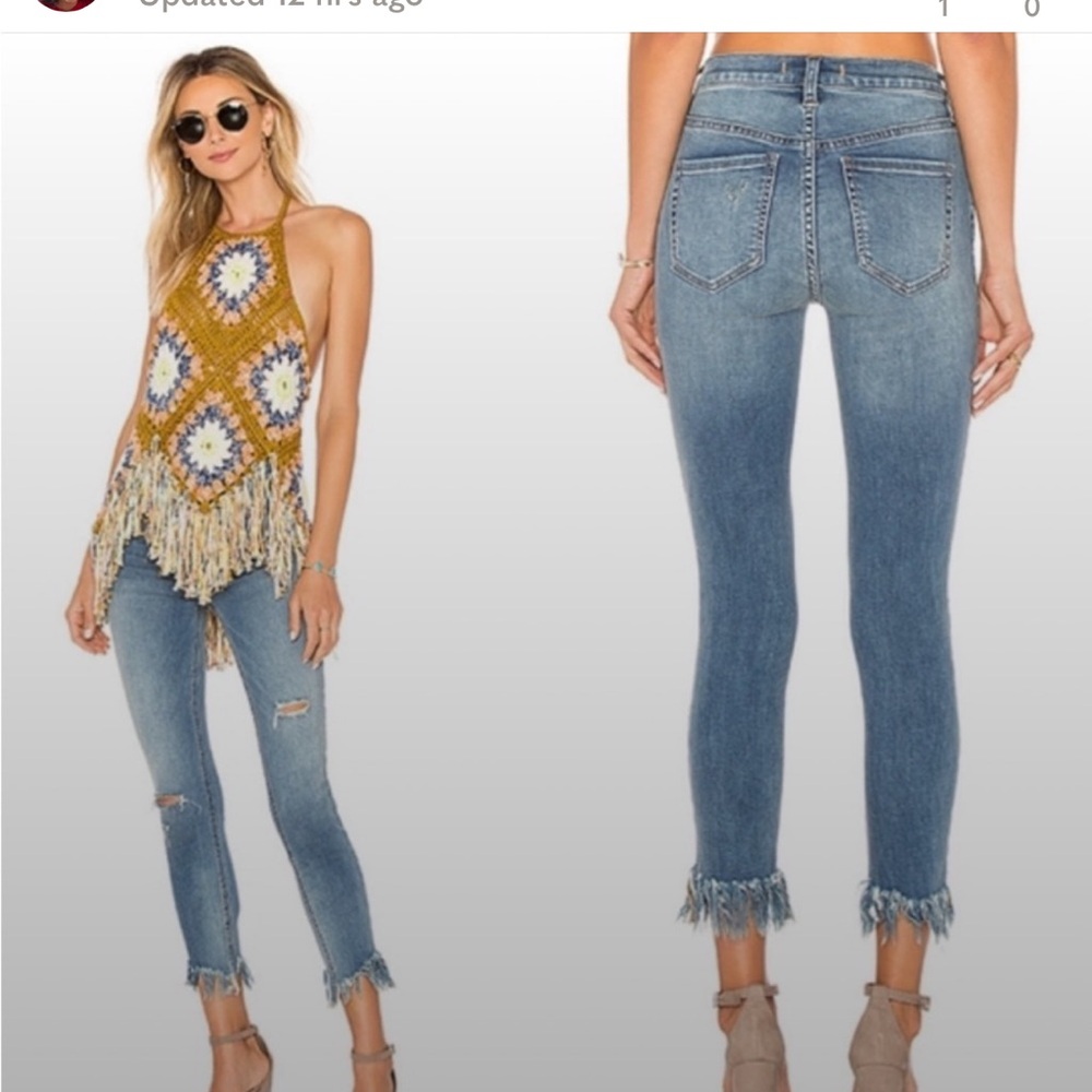 We The Free People Great Heights Distressed Fringe Hem High Rise Skinny Cropped